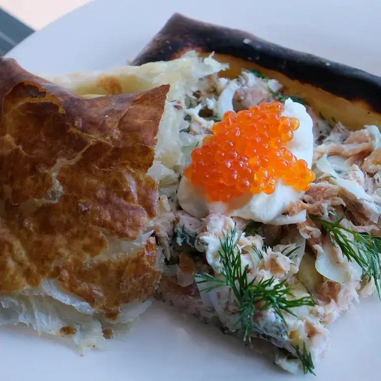 Potato, smoked trout and dill tart by Joseph Denison Carey.