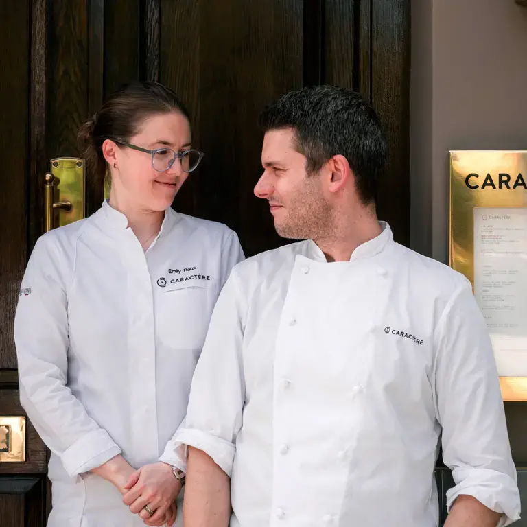Chefs Emily Roux and Diego Ferrari outside Caractère.