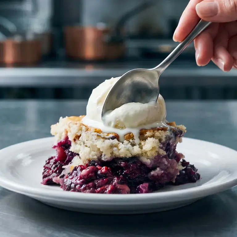Someone cutting into berry cobbler with ice cream with a spoon.