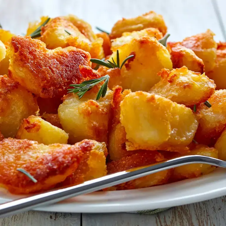 Crispy roast potatoes on a plate with a fork.