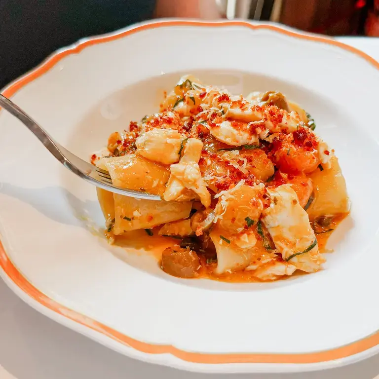 Paccheri with sea bass plated at Langosteria.