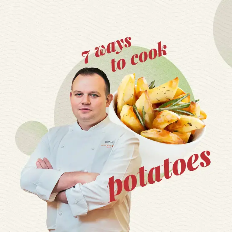 Chef Adam Smith and an image of potatoes.