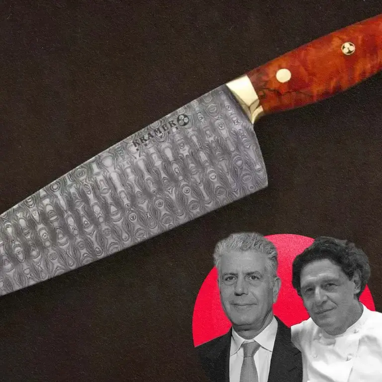 Bourdain chef knife with Anthony Bourdain and Marco Pierre White.
