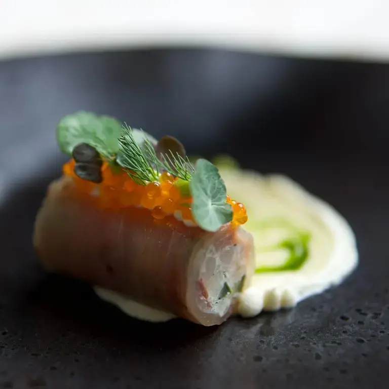 English cucumber, smoked cream cheese, kingfish at Turnips.