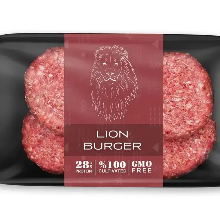 a retail pack of lion burgers