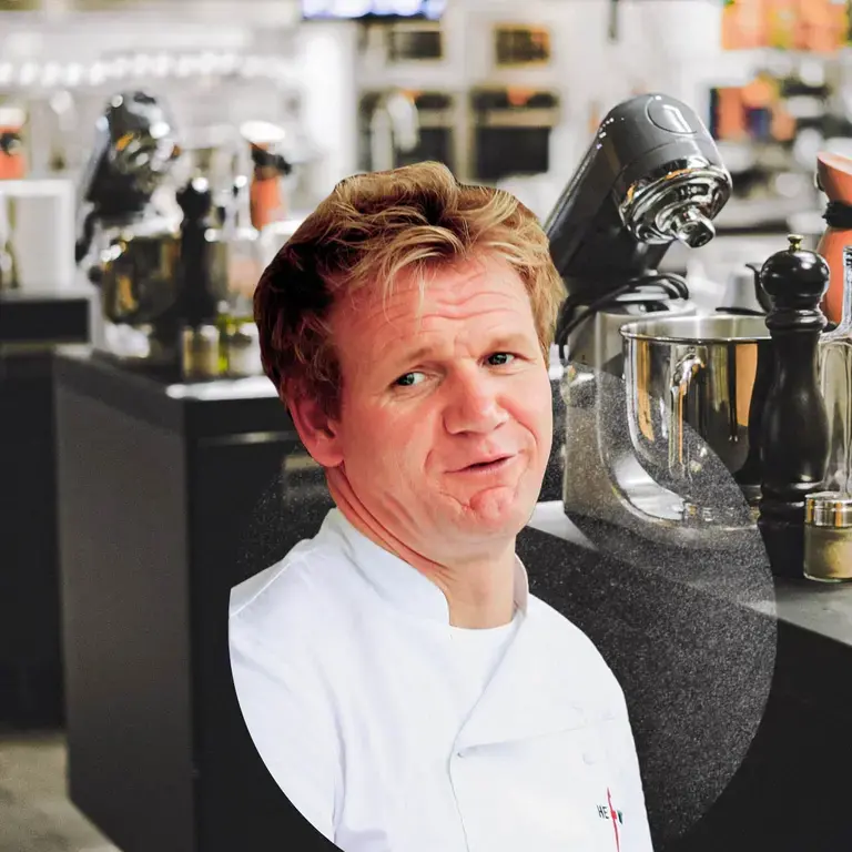 Chef Gordon Ramsay and a culinary school kitchen.