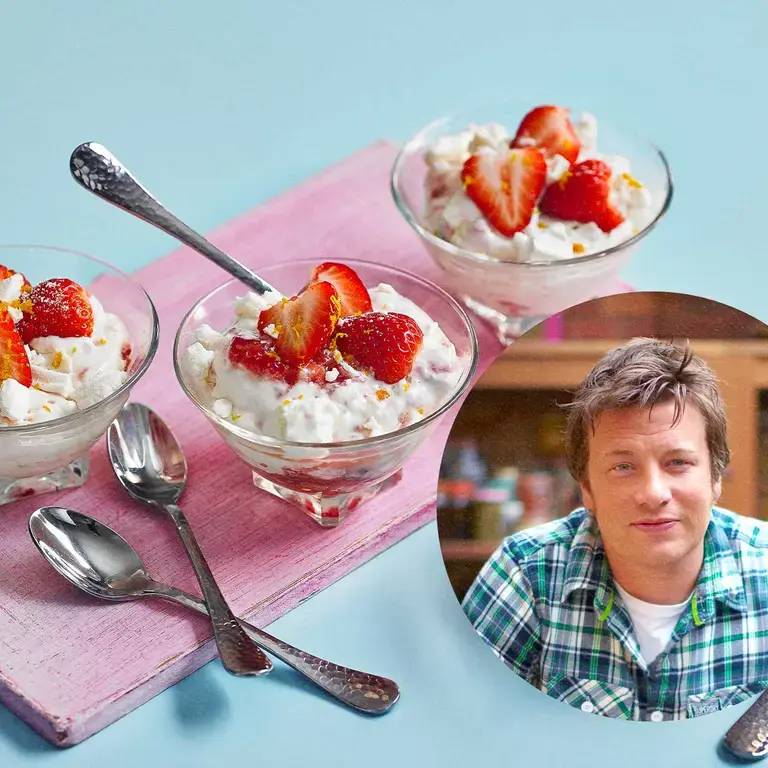 Bowls of Eton Mess alongside a portrait of Jamie Oliver