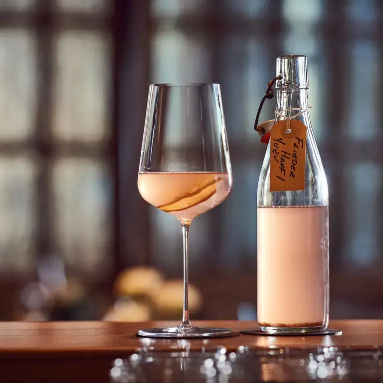 A glass and bottle.