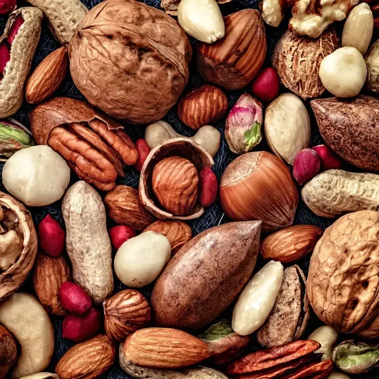 An overhead photo of a wide selection of nuts