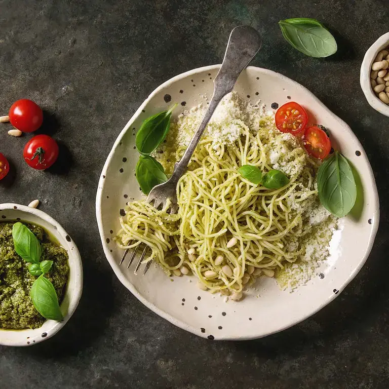 Classic italian spaghetti pasta with pesto sauce, pine nuts, olive oil and fresh basil