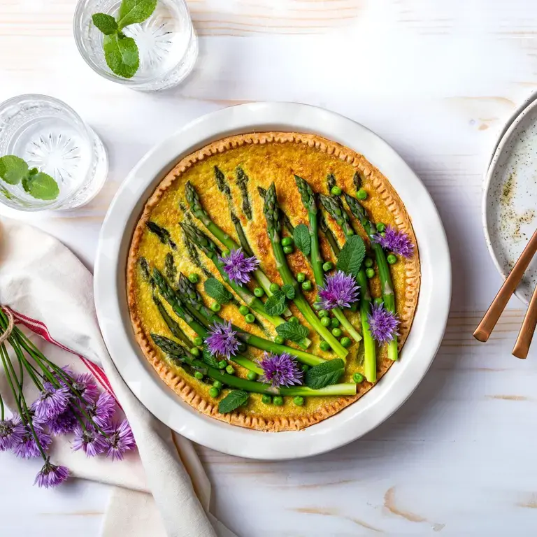 Green asparagus, sweet peas Tart with edible chives flowers or blossoms