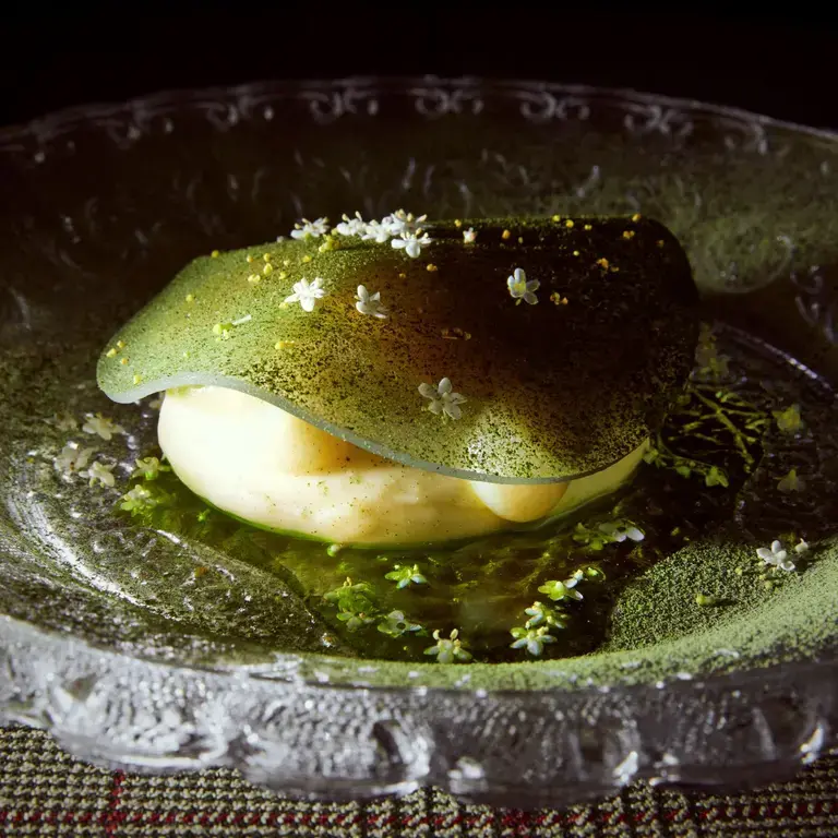 Coconut cremeaux, confit lime, elderflower apple, dill, coconut water veil_Zioux
