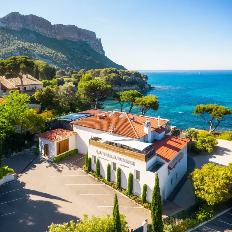 an aerial photo of La Villa Madie in greenery next to the sea