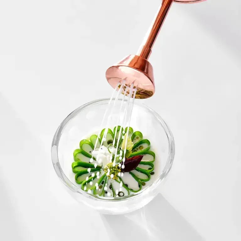 A watering can sprinkling over a dish