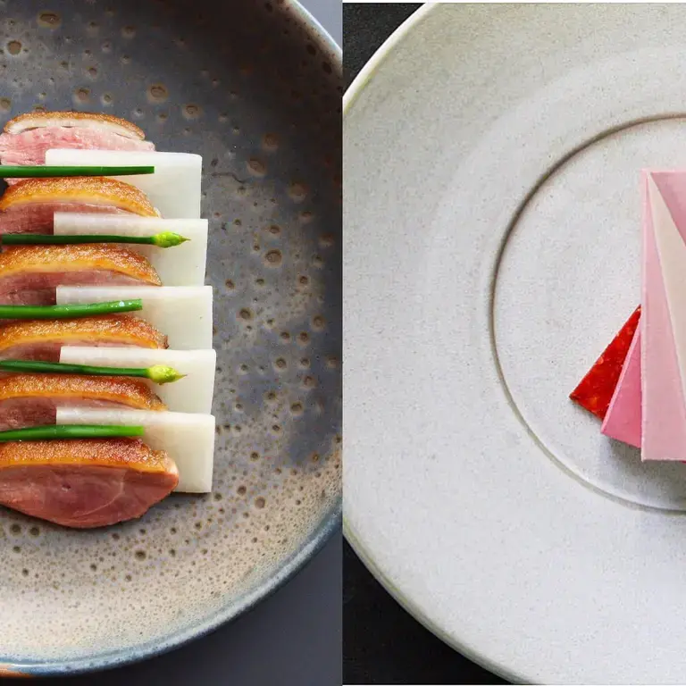Two geometrically plated dishes side by side