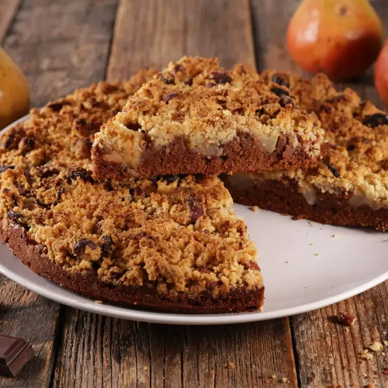 Pear crumble on a plate.
