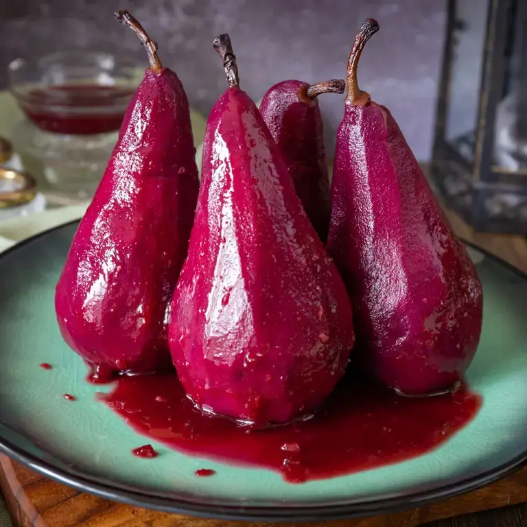 Poached pairs stained by red wine.