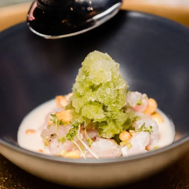 Sea bass ceviche with coconut sauce and jalapeño granita.