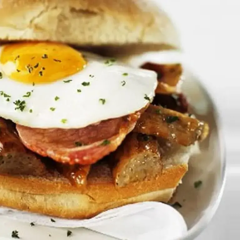 Sausage, Bacon and Fried Egg Sandwich