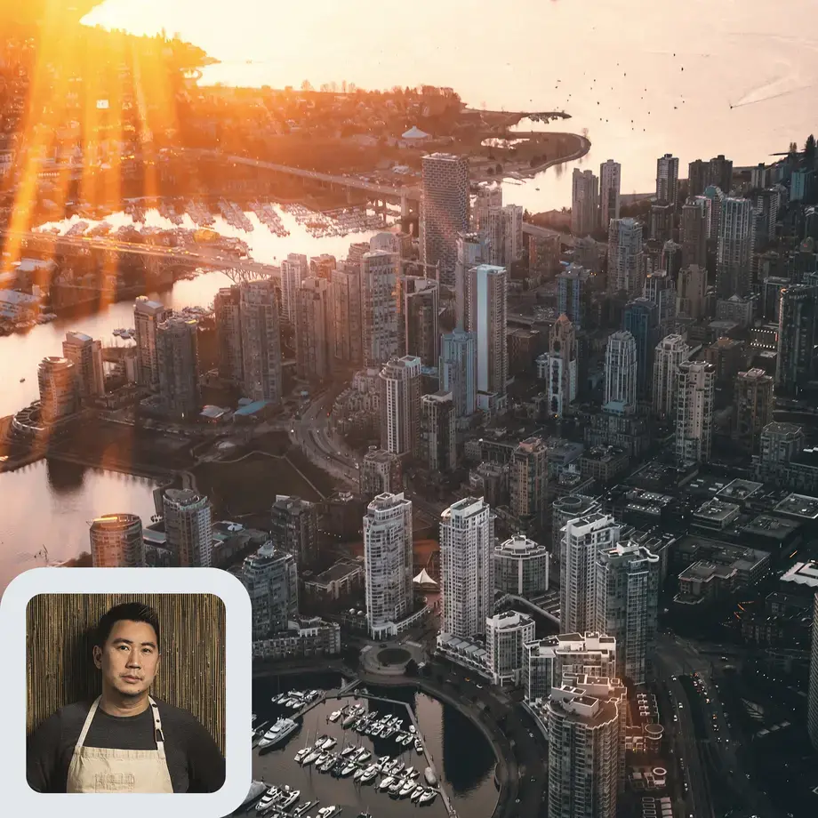 Chef Angus An and the Vancouver cityscape.