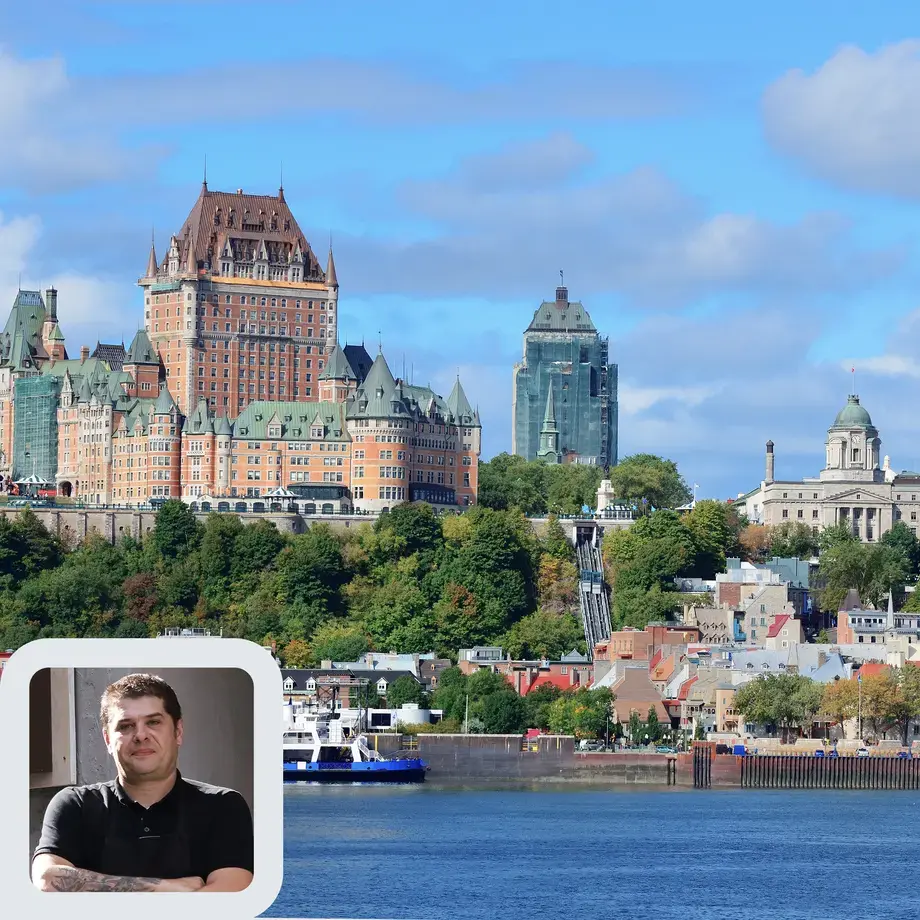 Chef Stéphane Modat and the Quebec City skyline.