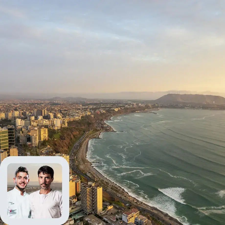 Chefs Nelson Freitas and Virgilio Martínez, and the Lima skyline.