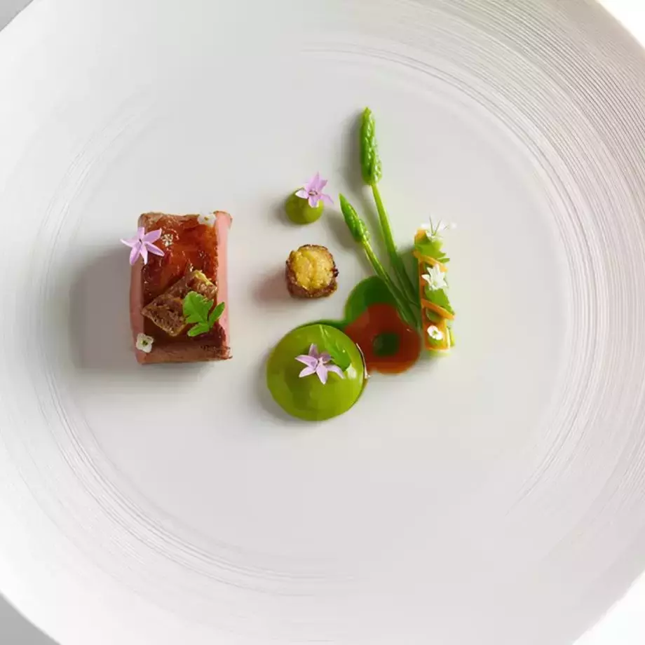 Elegant gourmet dish with seared meat, green purée, asparagus, tiny flowers and artful sauce dots on a minimalist white plate