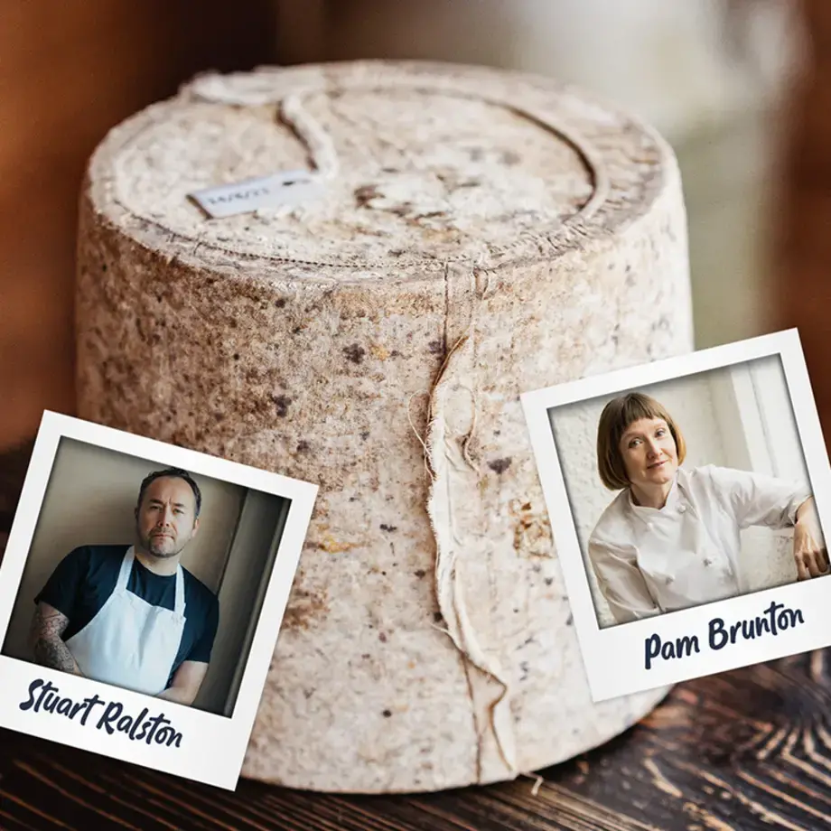 A Scottish cheese and pictures of chefs Stuart Ralston and Pam Brunton.
