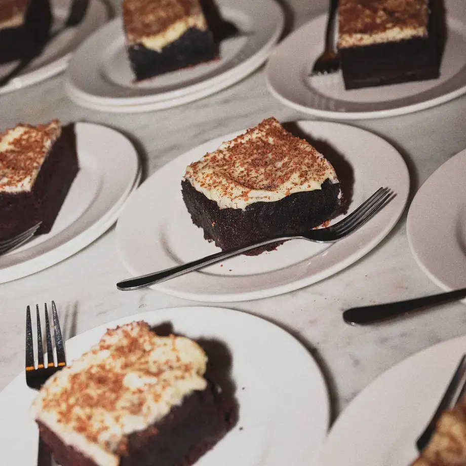 Slices of Alana Laverty's chocolate stout cake on plates.
