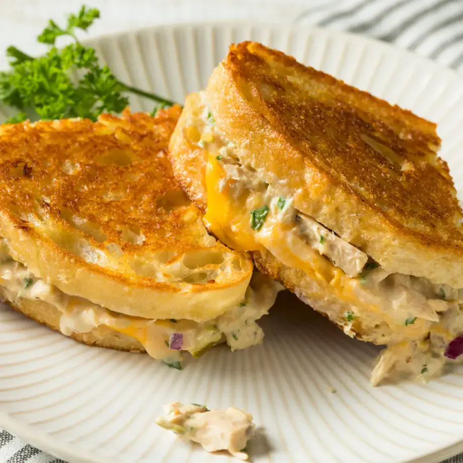 Tuna melt sandwich on a plate.