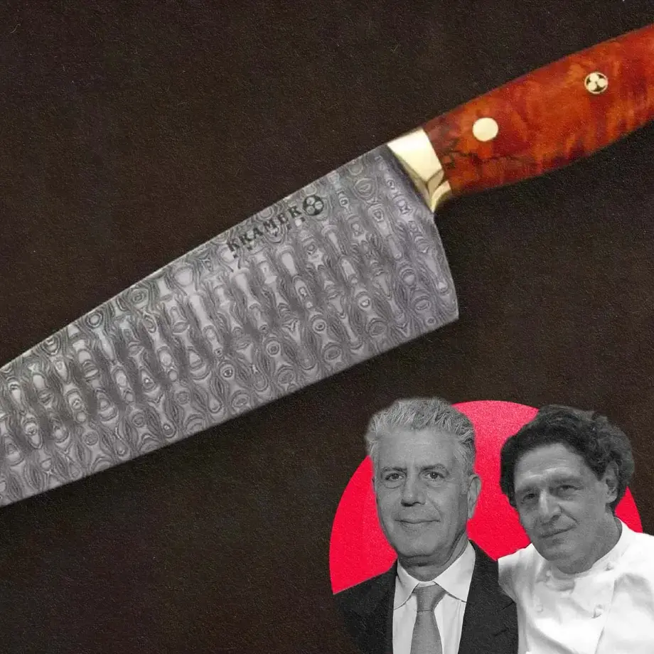 Bourdain chef knife with Anthony Bourdain and Marco Pierre White.