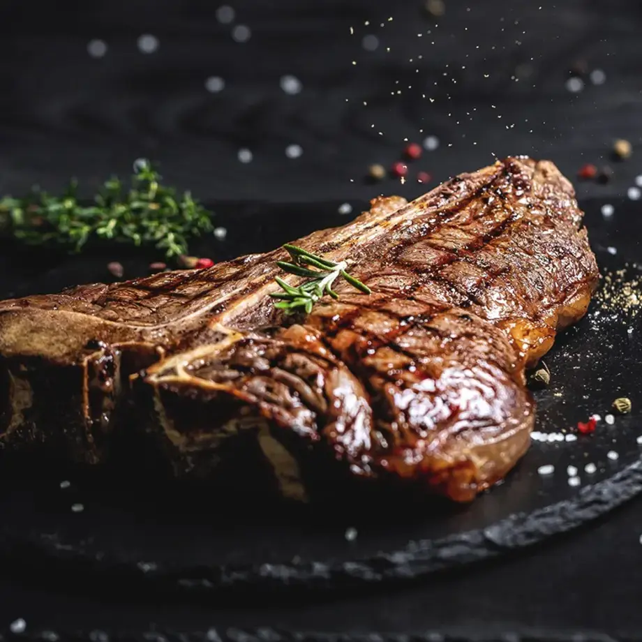 A cooked aged steak.