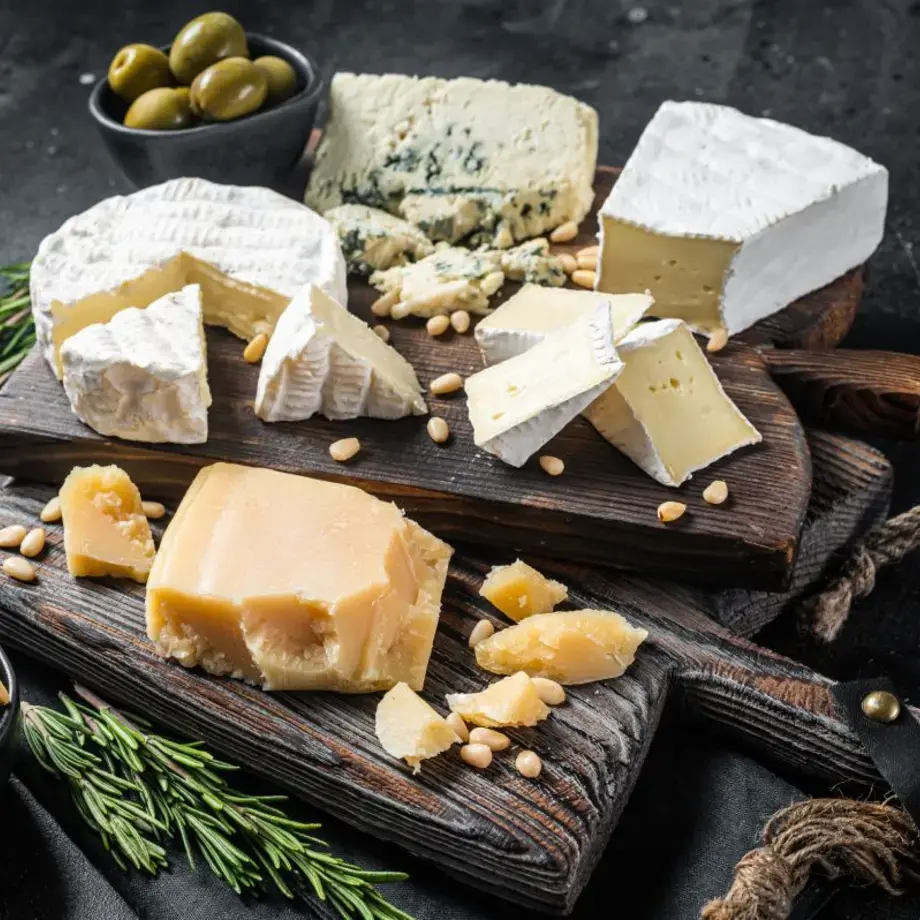 A cheeseboard with a selection of global cheeses.