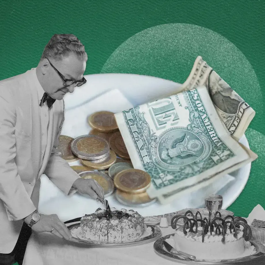 Collage of a vintage image of a waiter and in the background a dish with some money in it