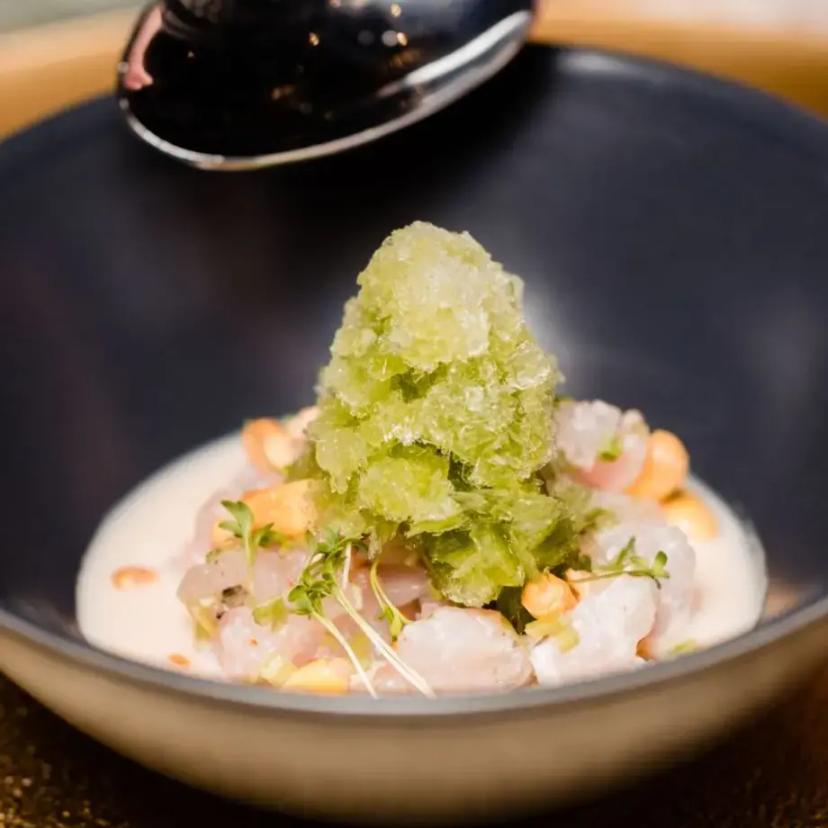 Sea bass ceviche with coconut sauce and jalapeño granita.