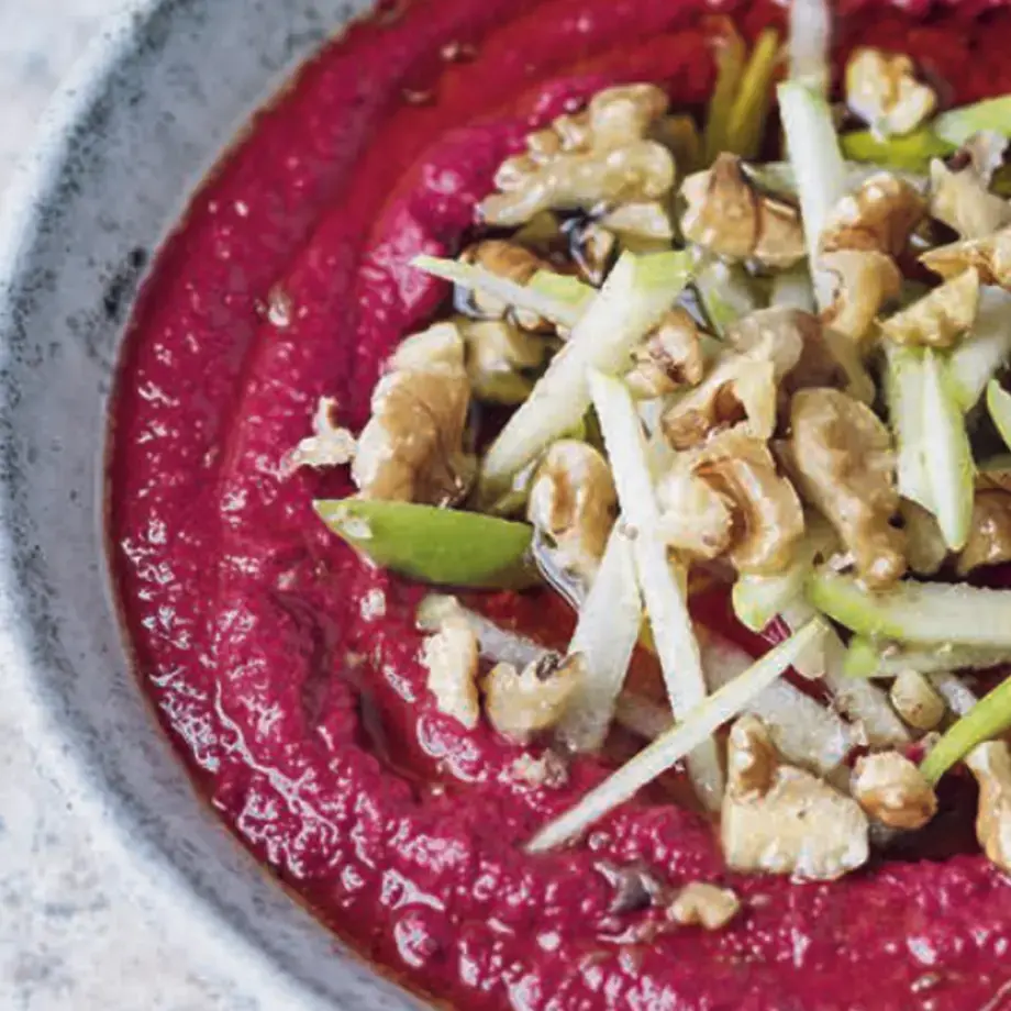 Beetroot mutabal with apple, walnuts and anchovy oil by Bethany Kehdy.