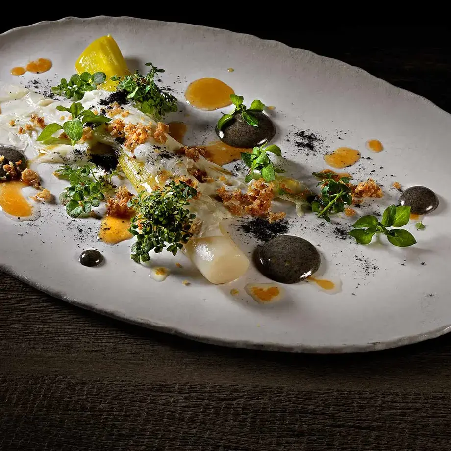 Charred Leeks And White Asparagus, Hazelnuts And Milk Skin