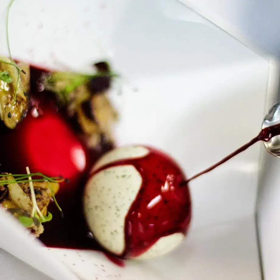 Hot Borscht With Foie Gras And Herring Under The Coat Of Vegetables Rolls