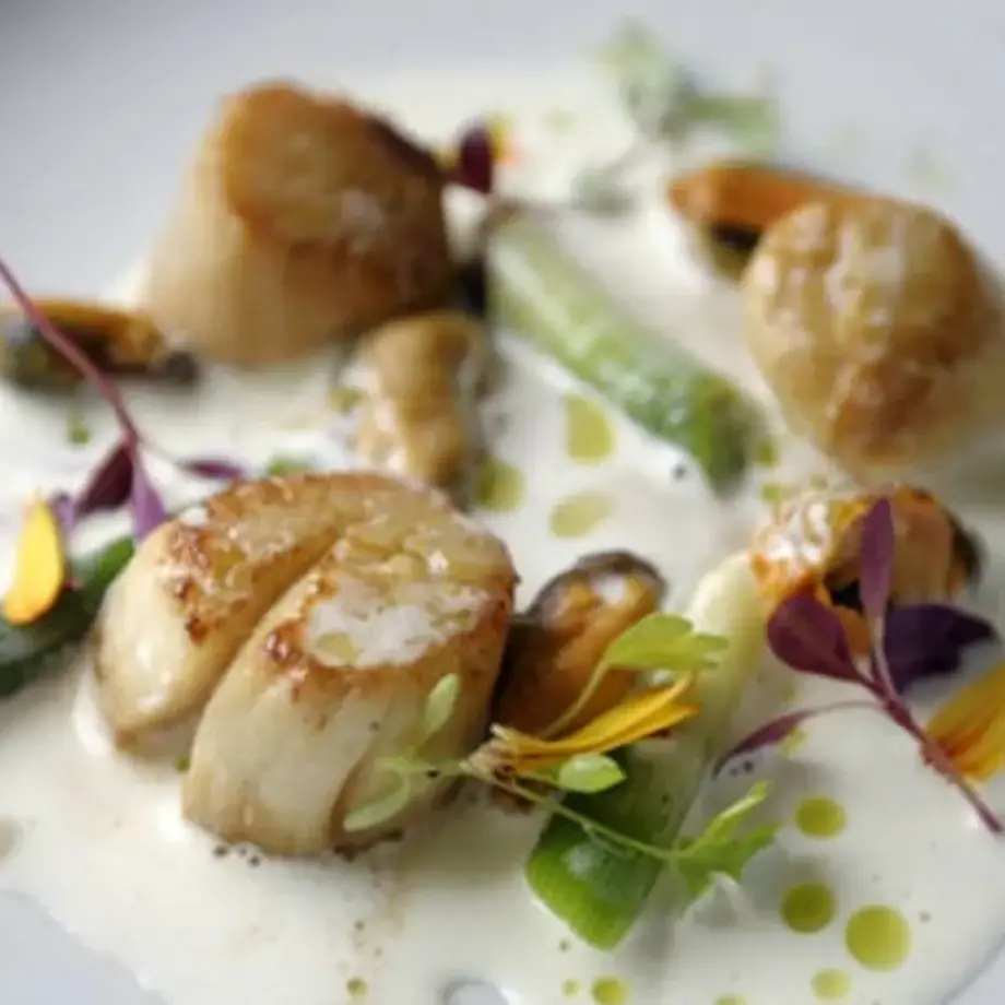 Scallops, mussels, buttermilk, leek