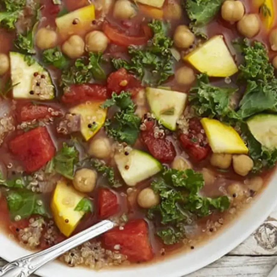 Vegan Soup with Kale, Zucchini, Chickpeas, and Quinoa