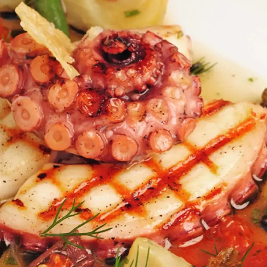 Octopus with Tomato Jam, Chorizo with Artichoke Hearts
