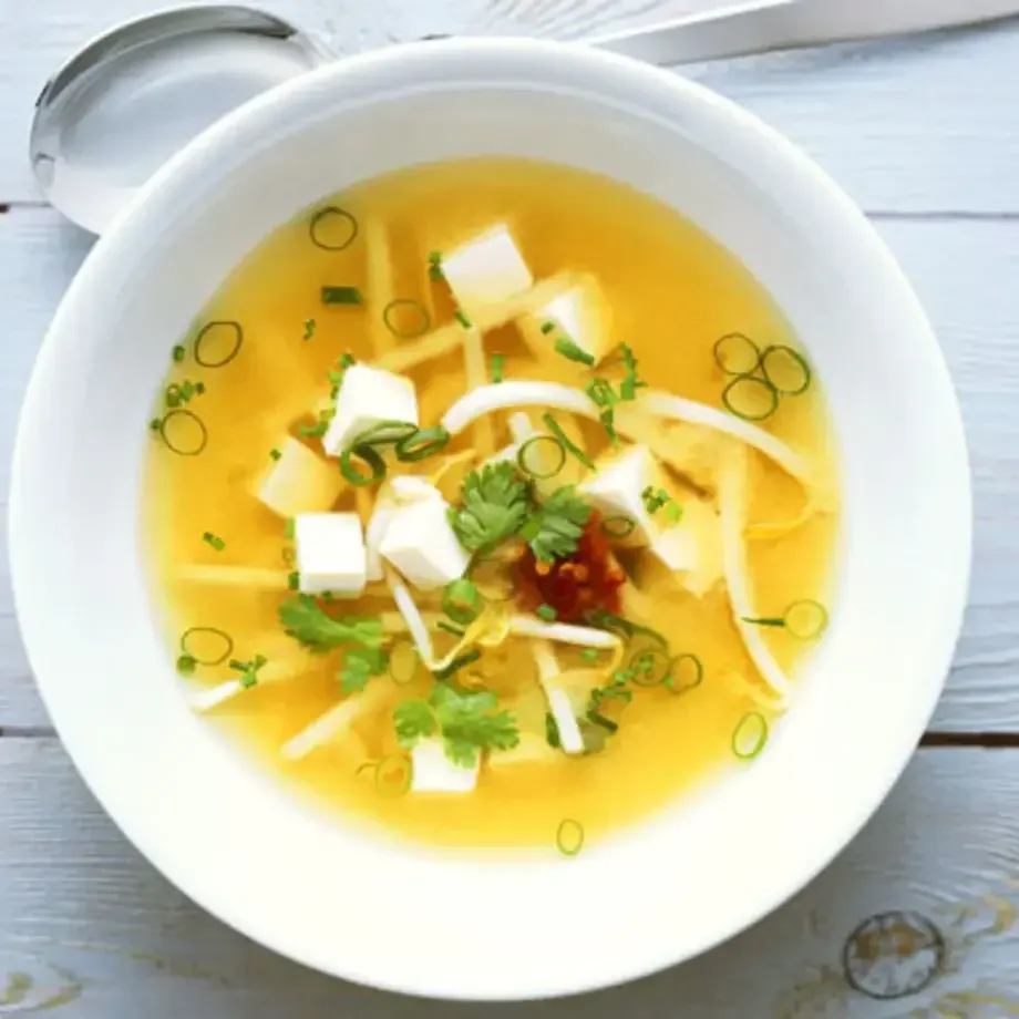 Miso Soup with Tofu, Bean Sprouts and Herbs
