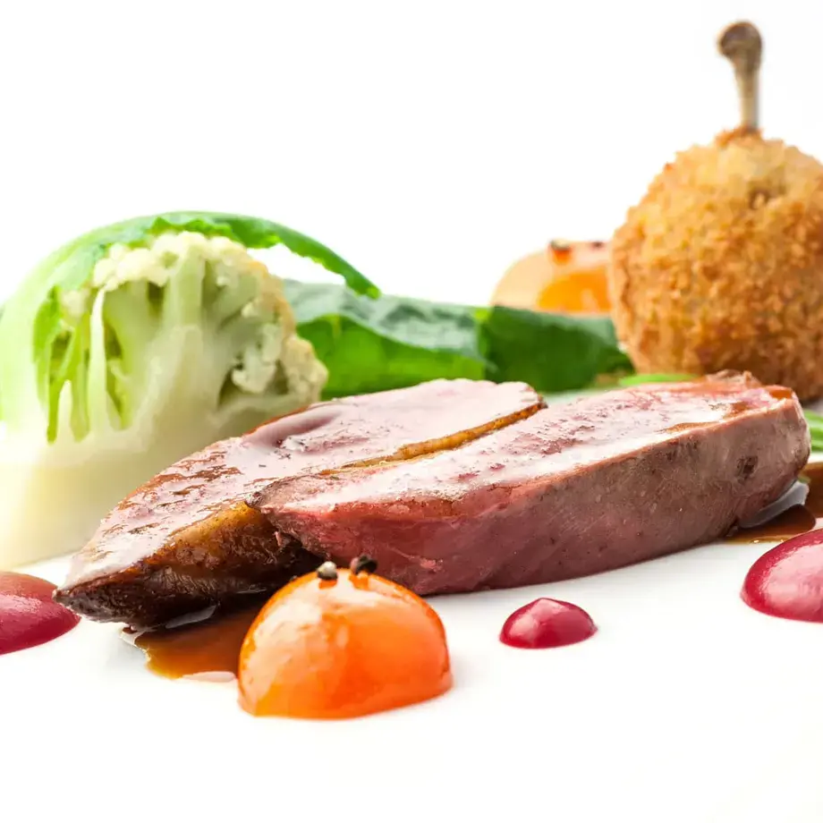 Pigeon, Fortunella and Cauliflower, Cream of Beetroot, Chinotto and Sherry Cask Grappa