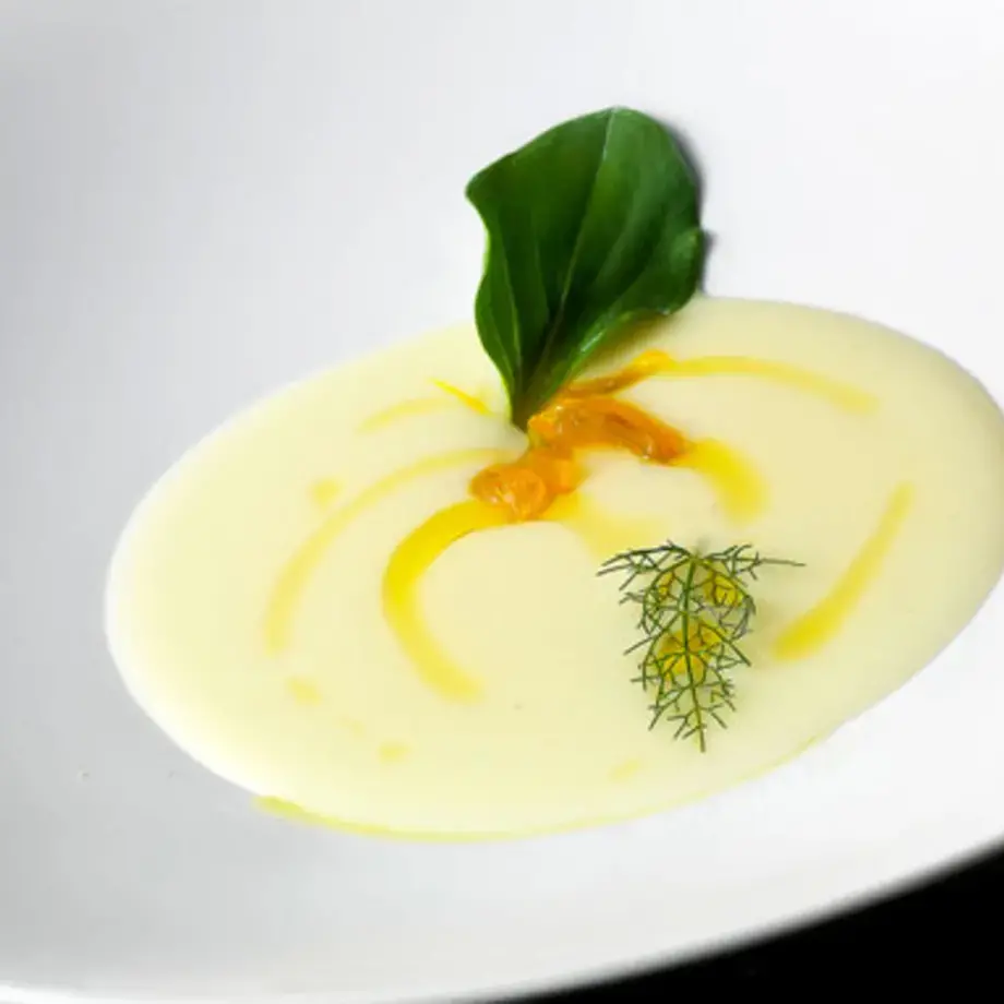 Cream of Potato and Leek caramelized with Saffron