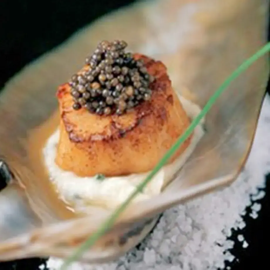 Seared Scallops With Osetra Caviar And Potato-Chive Mousseline