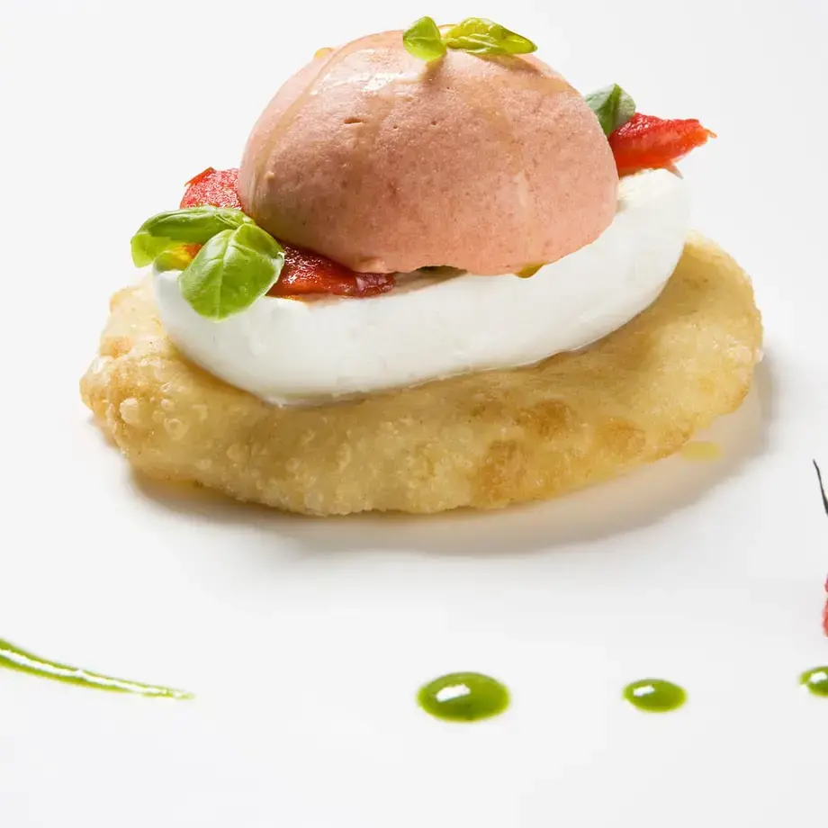 Fried Pizza, Tomato Bavarese, Buffalo Mozzarella And Tomato Confit