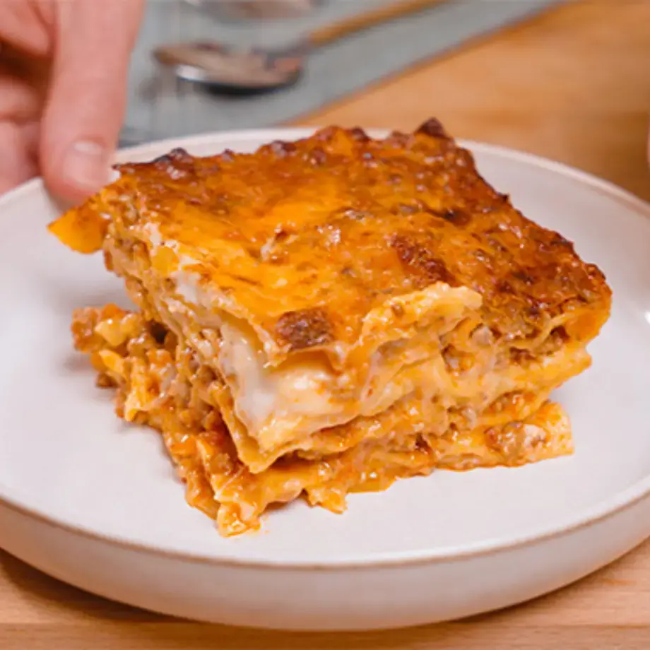 Classic Italian lasagna on a plate.