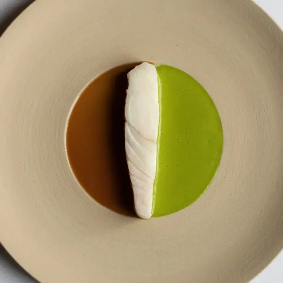 Turbot, lettuce sauce, fish bone caramel at Cycene.