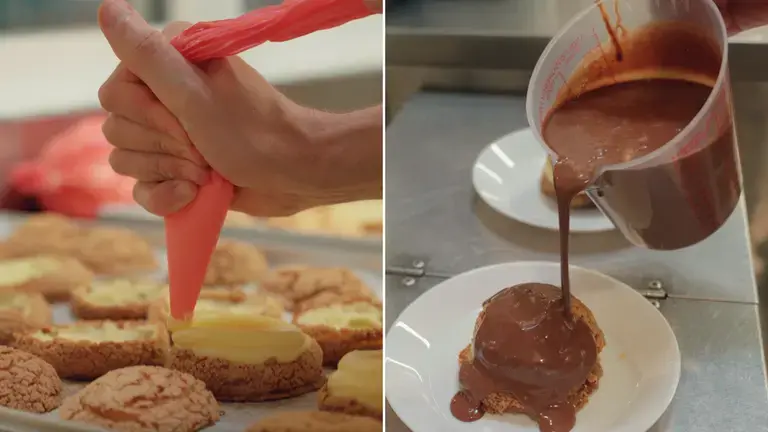 Filling pastries with a piping bag and glazing with chocolate during a pastry service