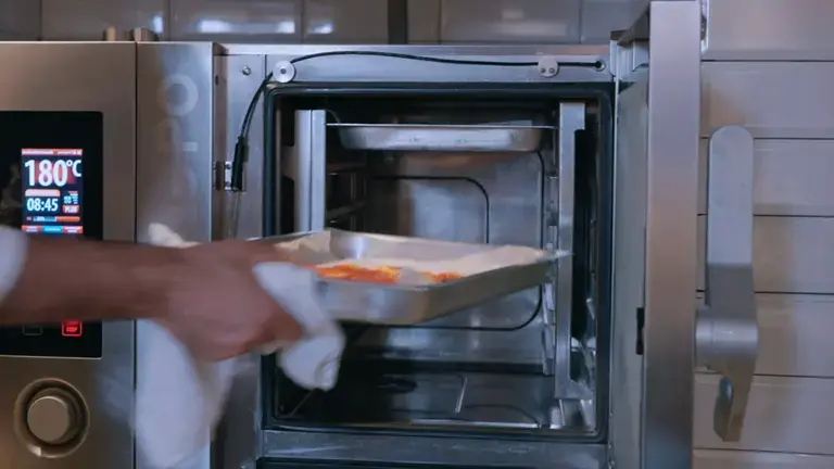 Preparation in the baking tray placed in the oven by the chef